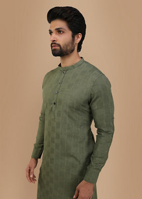 Olive Green Self Chequered Kurta image number 0